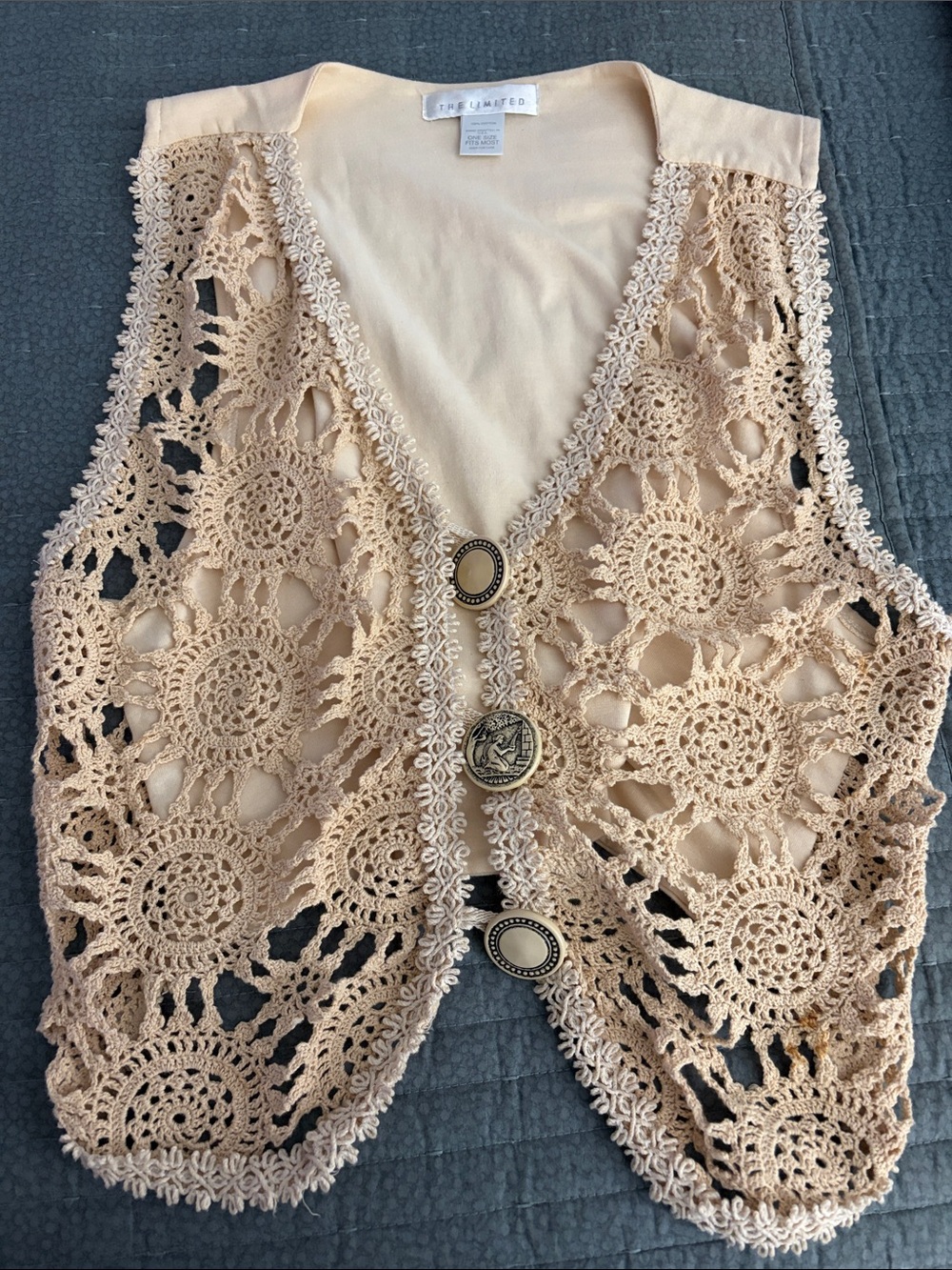 The Limited Beige Crochet Button Vest